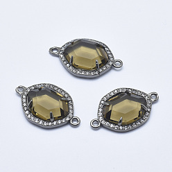 Olive Brass Micro Pave Cubic Zirconia Links, with Glass, Faceted, Oval, Gunmetal, Olive, 26x16x5mm, Hole: 1.6mm