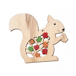 Squirrel Single Face Printed Wood Big Pendants, Autumn Charms with Maple Leaf, Squirrel, 113x133x3mm, Hole: 4mm