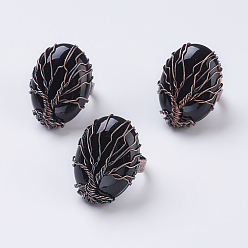 Agate Noire Agate noire naturelle réglable, anneaux large bande, ovale, teint, cuivre rouge, taille 9, 19mm