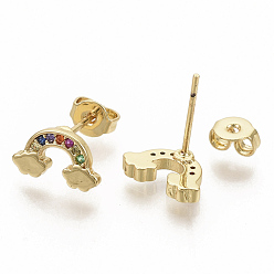 Real 18K Gold Plated Brass Micro Pave Colorful Cubic Zirconia Stud Earrings, with Earring Backs, Rainbow, Real 16K Gold Plated, 6.5x11mm, Pin: 0.7mm