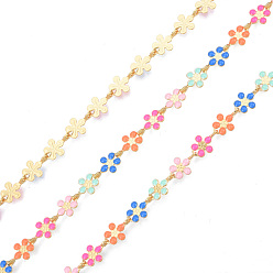 Colorful Handmade Brass Enamel Plum Blossom Link Chains, Unwelded, with Spool, Golden, Nickel Free, Colorful, 9x6x1mm, about 16.40 Feet(5m)/Roll