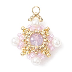 Pink K9 Glass & Shell Pearl & Seed Braided Pendants, Rhombus Charms, Pink, 25.5x23x7mm, Hole: 2mm