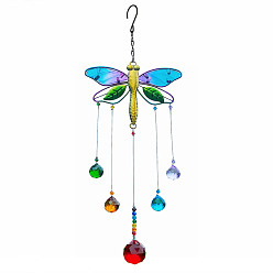 Colorful Glass Teardrop Pendant Decoration, with Iron Findings and Alloy Dragonfly Link for Home Garden Decoration, Colorful, 410x148mm