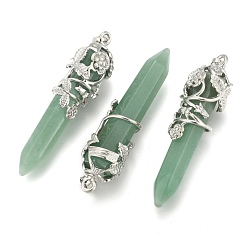 Green Aventurine Natural Green Aventurine Pointed Pendants, with Brass Findings, Bullet, Platinum, 57~60x16mm, Hole: 8x5mm