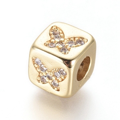 Golden Brass Beads, with Micro Pave Cubic Zirconia, Cube with Butterfly, Clear, Golden, 6x6x6mm, Hole: 3mm