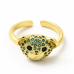 Green Cubic Zirconia Bear Open Cuff Ring, Golden Brass Jewelry for Women, Green, Inner Diameter: 17mm