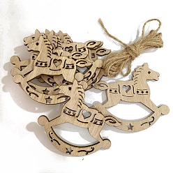 Horse Unfinished Wood Pendant Decorations, with Hemp Rope, for Christmas Ornaments, Rocking Horse, 6.3x7cm, 10pcs/bag