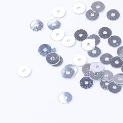 Plata Accesorios del ornamento perlas paillette de plástico, cuentas de lentejuelas, disco, plata, 6x0.2 mm, Agujero: 1 mm, sobre 30000 unidades / 500 g