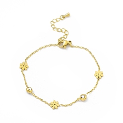 Golden Crystal & Jet Rhinestone with Flower Link Chain Bracelets, Ion Plating(IP) 304 Stainless Steel Jewelry for Women, Golden, Inner Diameter: 6-3/4 inch(17.1cm)