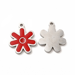 Red 304 Stainless Steel Charms, with Enamel, Flower, Red, 14x12x1mm, Hole: 1.2mm