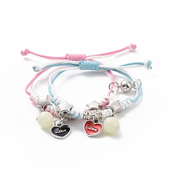 Heart 2Pcs 2 Color Luminous Beads & Alloy Enamel Charms Bracelets Set, Glow In The Dark Magnetic Charms Couple Bracleets for Best Friends Lovers, Heart Pattern, 5-7/8~11-3/4 inch(15~30cm), 1Pc/color