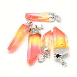 Rouge Orange Pendentifs à facettes en cristal quartz naturel, avec les accessoires en fer, platinée, nuggets, teint, rouge-orange, 30~45x9~14x6~10mm, Trou: 6x3.5mm