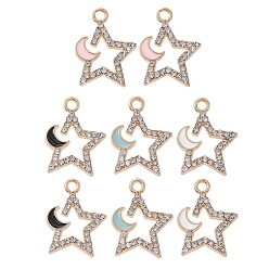 Mixed Color 8Pcs 4 Colors Rack Plating Alloy Rhinestone Pendants, with Enamel, Nickel Free, Star with Moon Charms, Mixed Color, 17x13x2mm, Hole: 1.6mm, 2Pcs/color
