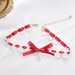 Red Cloth Bowknot Choker Necklaces, with Imitation Pearl Beads, Red, 11.81 inch(30cm)
