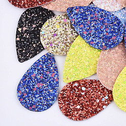 Mixed Color PU Leather Big Pendants, with Glitter Sequins/Paillette, Teardrop, Mixed Color, 57.5x37x2.5mm, Hole: 1.8mm
