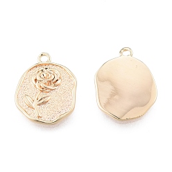 Real 18K Gold Plated Brass Pendants, Cadmium Free & Nickel Free & Lead Free, Textured, Flat Round with Rose, Real 18K Gold Plated, 16.5x12x2mm, Hole: 1.4mm