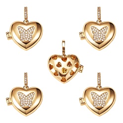 Real 18K Gold Plated Brass Micro Pave Clear Cubic Zirconia Diffuser Locket Pendants, Long-Lasting Plated, Lead Free & Cadmium Free, Heart with Butterfly, Real 18K Gold Plated, 19x23x8mm, Hole: 5.5x3mm, 5pcs/box