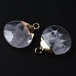 Quartz Crystal Natural Quartz Crystal Pendants, Rock Crystal Pendants, with Golden Brass Findings, Rack Plating, Faceted, Oval, 22x18x5mm, Hole: 2mm