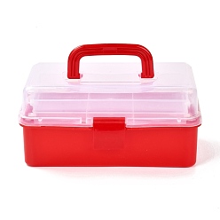 Red Rectangle Portable PP Plastic Storage Box, with 3-Tier Fold Tray, Tool Organizer Handled Flip Container, Red, 15.5x28x12.5cm