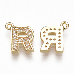 Letter R Латунь прелести циркония кубической, буквы, прозрачные, реальный 18 k позолоченный, буква r, 10x8x1.5 мм, отверстие : 1 мм