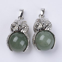 Green Aventurine Natural Green Aventurine Pendants, with Platinum Tone Brass Findings, Owl with Round Ball, 31x18.5x16mm, Hole: 5x8mm