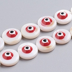 Rouge Chapelets de perles de coquillage naturel, avec l'émail, rond et plat avec des mauvais œil, rouge, 12x4mm, Trou: 0.7mm, Environ 34 pcs/chapelet, 15.55 pouce (39.5 cm)