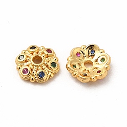 Real 18K Gold Plated Brass Bead Caps, with Rhinestones, 6-Petal, Flower, Real 18K Gold Plated, 8x2mm, Hole: 1.5mm