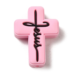 Pink Silicone Beads, Cross with Word Jesus, Pink, 30x22x8mm, Hole: 2.5mm