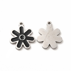Black 304 Stainless Steel Charms, with Enamel, Flower, Black, 14x12x1mm, Hole: 1.2mm