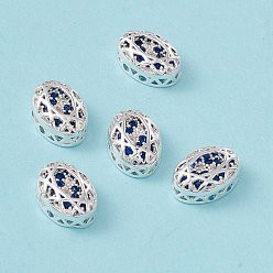 Medium Blue Eco-friendly Brass Micro Pave Cubic Zirconia Multi-strand Links, Rack Plating, Cadmium Free & Lead Free, Oval, Silver Color Plated, Medium Blue, 12x8x5mm, Hole: 1.2mm