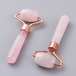 Quartz Rose Outils de massage à quartz rose rose, rouleaux de visage, avec les accessoires en laiton or rose, 91~92x39~41x18mm