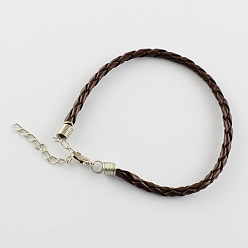 Coconut Brown Trendy Braided Imitation Leather Bracelet Making, with Iron Lobster Claw Clasps and End Chains, Coconut Brown, 200x3mm