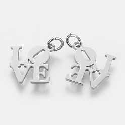 Stainless Steel Color 304 Stainless Steel Pendants, Word Love, Stainless Steel Color, 16x16x1mm, Hole: 3mm