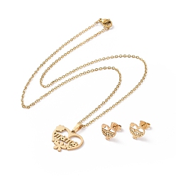 Golden 304 Stainless Steel Flower Heart with Word Mama Stud Earrings and Pendant Necklace Set, Jewelry Set for Mother's Day, Golden, 17.32inch(44cm), 8x10x1mm, Pin: 0.8mm