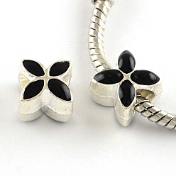 Noir Alliage d'émail de perles européennes, Perles avec un grand trou   , fleur, couleur argent plaqué, noir, 10x10x8mm, Trou: 5mm