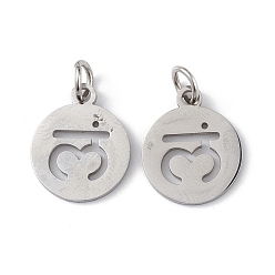 Stainless Steel Color 304 Stainless Steel Charms, with Jump Ring, Flat Round with Ohm/Aum Charm, Stainless Steel Color, 14x12x1.1mm, Hole: 3mm