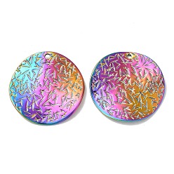 Rainbow Color Ion Plating(IP) 304 Stainless Steel Pendants, Textured, Flat Round Charm, Rainbow Color, 29.5x1.5mm, Hole: 1.8mm