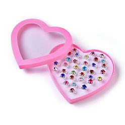Mixed Color Acrylic Rings for Kids, with Rhinestone, Mixed Shapes, Mixed Color, US Size 4 1/4(15mm), 36pcs/box.
