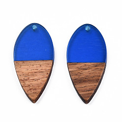Bleu Pendentifs en résine transparente et bois de noyer, breloque en forme de larme, bleu, 38x18x3mm, Trou: 2mm