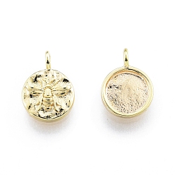 Real 18K Gold Plated Ion Plating(IP) Brass Charms, Flat Round with Bee, Real 18K Gold Plated, 10x7x3mm, Hole: 1.5mm