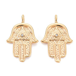 Real 18K Gold Plated Brass Micro Pave Clear Cubic Zirconia Pendants, Nickel Free, Textured, Hamsa Hand/Hand of Miriam, Real 18K Gold Plated, 23x14.5x1.5mm, Hole: 2mm