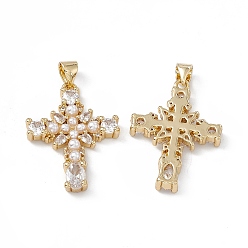 Clear Rack Plating Brass Micro Pave Cubic Zirconia Pendants, with Plastic Imitation Pearl, Cadmium Free & Lead Free, Long-Lasting Plated, Real 18K Gold Plated, Religion Cross Charm, Clear, 26.5x19x3.5mm, Hole: 3x5mm