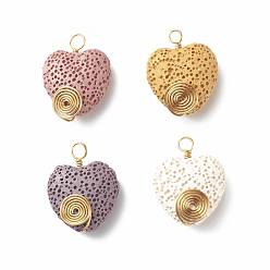 Mixed Color Dyed Natural Lava Rock Pendants, with Real 18K Gold Plated Eco-Friendly Copper Findings, Heart, Mixed Color, 26x20.5x8mm, Hole: 2.7~3.7mm