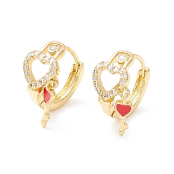 Red Clear Cubic Zirconia Heart Pad Lock Hinged Hoop Earrings with Enamel Skeleton Key Drop for Women, Cadmium Free & Nickel Free & Lead Free, Real 18K Gold Plated, Red, 19x10x14mm, Pin: 0.7mm