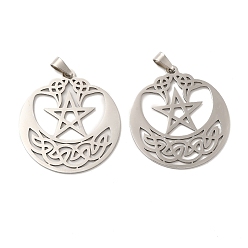 Stainless Steel Color 201 Stainless Steel Pendants, Hollow, Flat Round with Trinity Knot & Star Charm, Stainless Steel Color, 35x32x1mm, Hole: 6.5x3mm