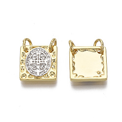 Real 18K Gold Plated Brass Charms, with Jump Ring, Nickel Free, Square with Saint Benedict, with Word CssmlNdsmd, Platinum & Golden, 12x12x2mm, Hole: 3mm