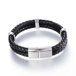 Black Braided Leather Cord Mkulti-strand Bracelets, with 304 Stainless Steel Magnetic Clasp, Black, 8-5/8 inch(220mm)x12~15x6~9mm