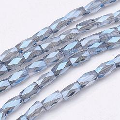 Sky Blue Electroplate Transparent Glass Beads Strands, Full Rainbow Plated, Faceted, Column, Sky Blue, 5x3mm, Hole: 0.5mm, about 100pcs/strand, 19.4 inch
