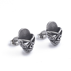 Antique Silver Retro 304 Stainless Steel Stud Earrings, with Ear Nuts, Skull, Antique Silver, 12.5x9mm, Pin: 0.6mm