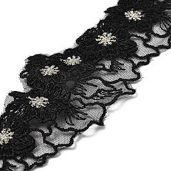Black 15 Yards Flower Embroidery Polyester Lace Ribbon, for Garment Accessories, Flat, Black, 2-1/8 inch(54mm)